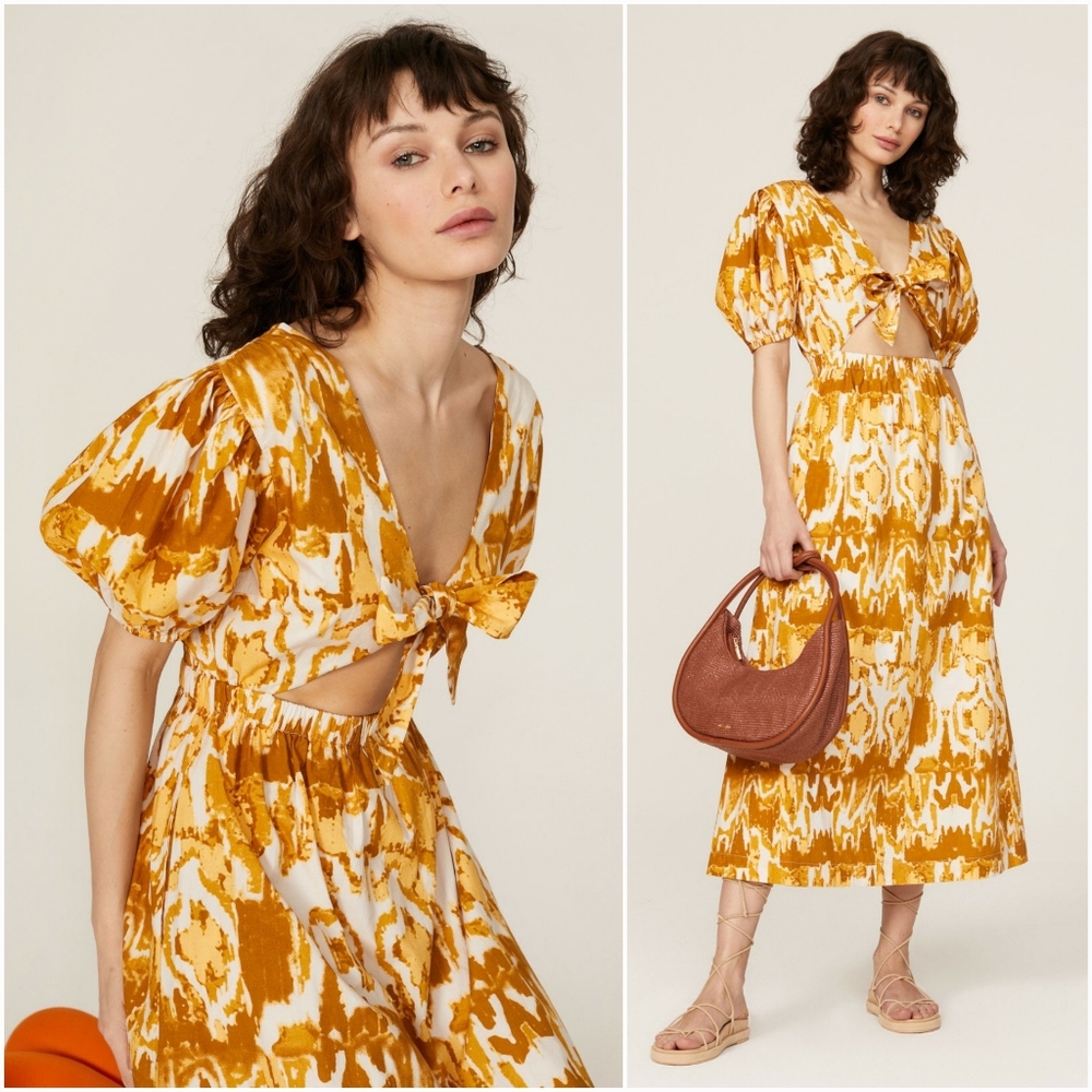Cleobella Sadie Puff Sleeve Tie Front Yellow Watercolor Ikat Print Midi Dress S